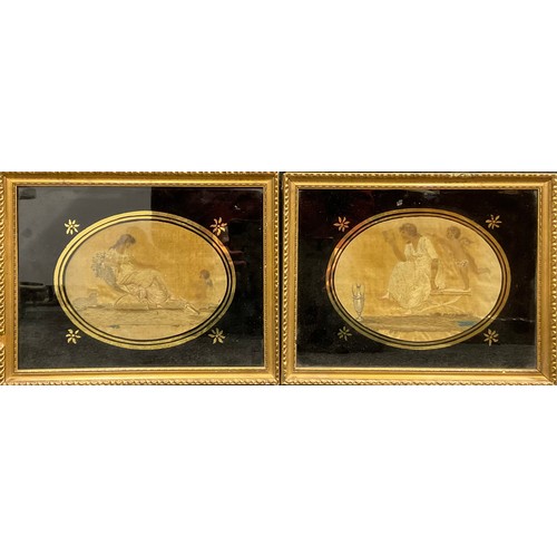 2122 - A pair of George III silk pictures, Eros and Psyche, verre églomisé, 21.5cm x 29.5cm