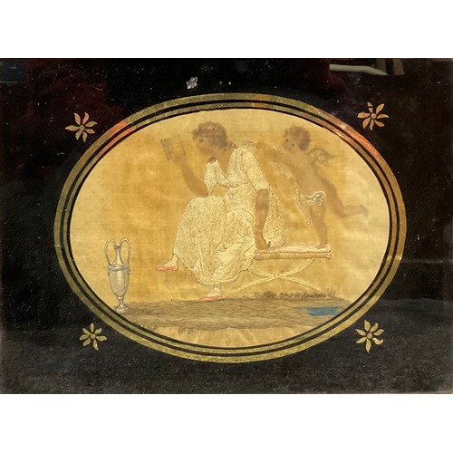 2122 - A pair of George III silk pictures, Eros and Psyche, verre églomisé, 21.5cm x 29.5cm