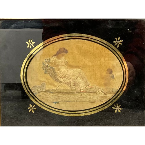 2122 - A pair of George III silk pictures, Eros and Psyche, verre églomisé, 21.5cm x 29.5cm