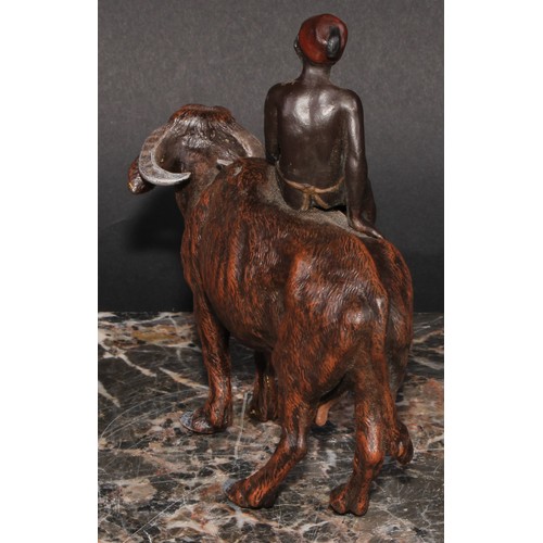 1641 - An Austrian cold painted bronze, of a North African boy riding an ox, 15cm long