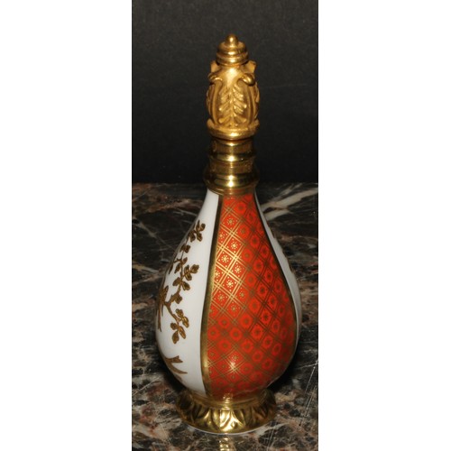 235 - A Lynton porcelain baluster scent bottle, quartered in tangerine, white and gilt with birds amongst ... 