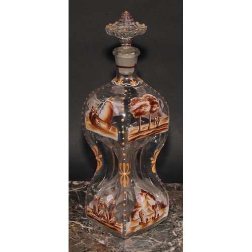 284 - A 19th century Dutch glass pinched decanter, decorated in sepia enamel with landscapes, figures, boa... 