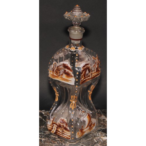 284 - A 19th century Dutch glass pinched decanter, decorated in sepia enamel with landscapes, figures, boa... 