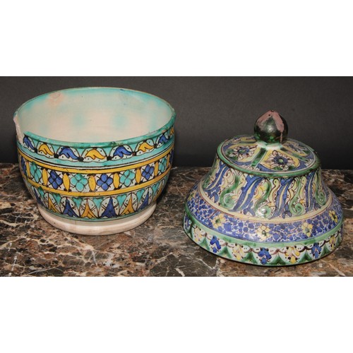 351 - A pair of 19th century Moroccan earthenware Jobbana or cheese/butter jar and cover, decorated in pol... 