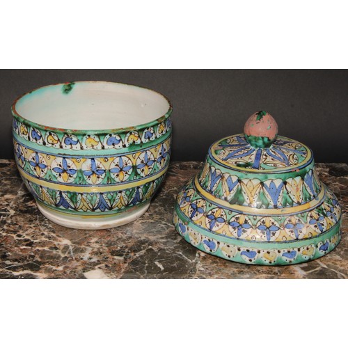 351 - A pair of 19th century Moroccan earthenware Jobbana or cheese/butter jar and cover, decorated in pol... 