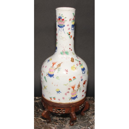 405 - A Chinese mallet shaped bottle vase, painted in polychrome enamels with precious objects, flowers an... 