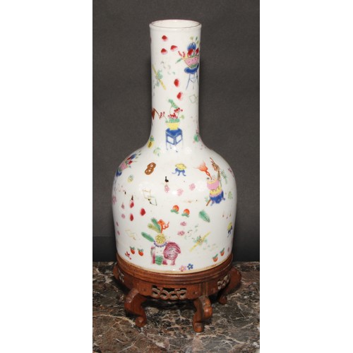 405 - A Chinese mallet shaped bottle vase, painted in polychrome enamels with precious objects, flowers an... 