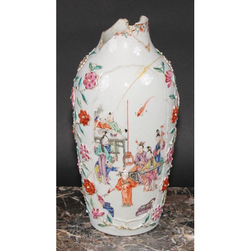 477 - An 18th century Chinese vase, painted in polychrome with figures of the court, the ground applied wi... 