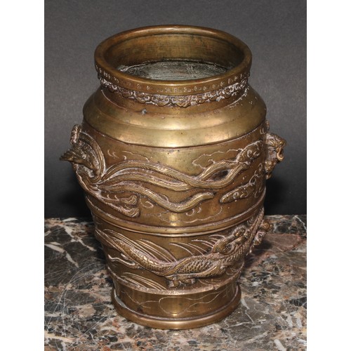 433 - A Chinese bronze ovoid vase, cast and applied with dragons, 15.5cm high, early 20th century