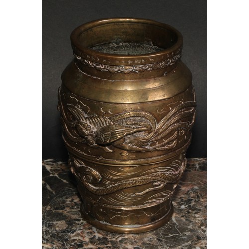 433 - A Chinese bronze ovoid vase, cast and applied with dragons, 15.5cm high, early 20th century