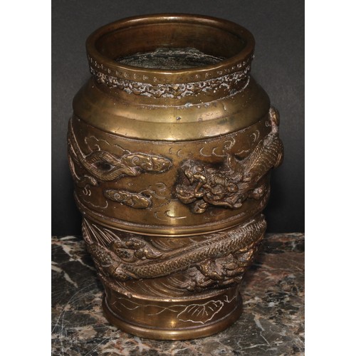 433 - A Chinese bronze ovoid vase, cast and applied with dragons, 15.5cm high, early 20th century