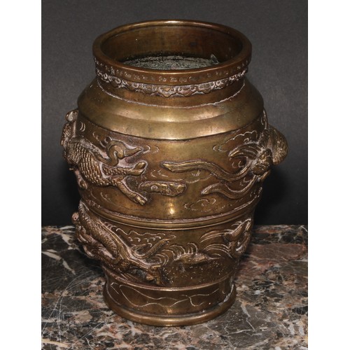 433 - A Chinese bronze ovoid vase, cast and applied with dragons, 15.5cm high, early 20th century