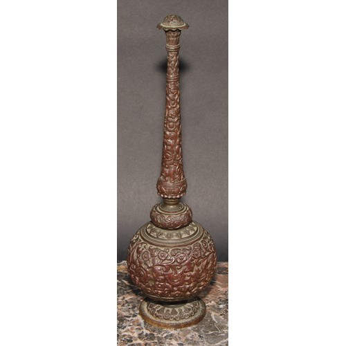 379 - An Indian bronze rosewater sprinkler, profusely cast with scrolling lotus, 28.5cm high, c.1900