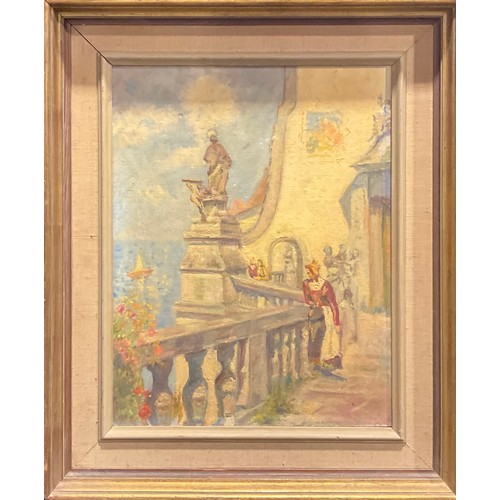 1132 - Mediterranean School (20th century)
On the Balcony
indistinctly signed, oil on hardboard, 44.5cm x 3... 