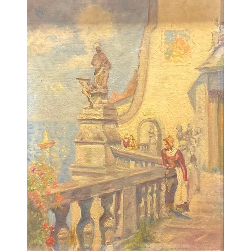 1132 - Mediterranean School (20th century)
On the Balcony
indistinctly signed, oil on hardboard, 44.5cm x 3... 