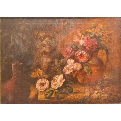 1065 - English School (19th century)
canine portrait, dog with roses, bird and vessels
oil on canvas, 50cm ... 