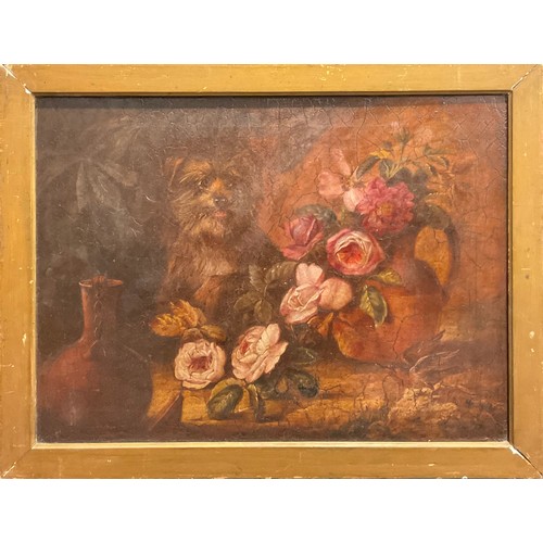 1065 - English School (19th century)
canine portrait, dog with roses, bird and vessels
oil on canvas, 50cm ... 