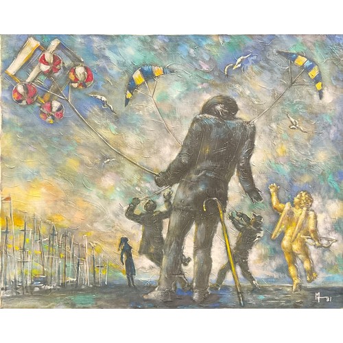 1085 - Russian/Eastern European School (20th century)
Flying Kites
signed and inscribed to verso, oil on ca... 