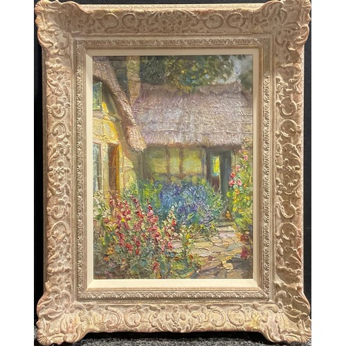 1173 - J Townshend
Cottage Garden With Cat
bears signature, oil on board, 39cm x 27.5cm