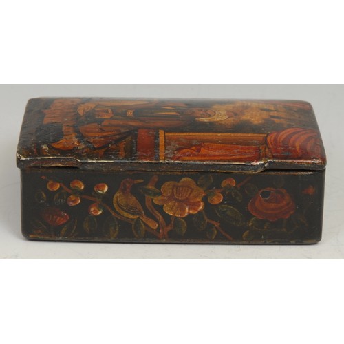 1239 - A Persian papier-mâché rectangular snuff box, hinged cover decorated with a figure of the court, sea... 