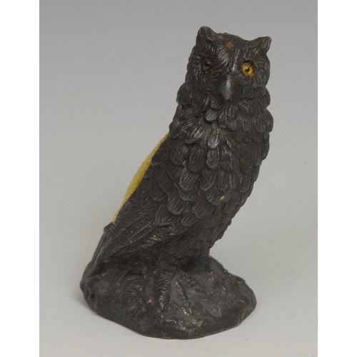 1230 - An early 20th century base metal novelty pin cushion, as an owl, 8cm high; another, as a mouse, 7cm ... 