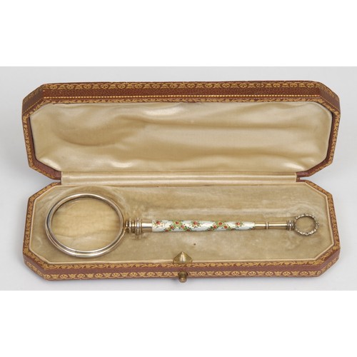 1231 - An early 20th century Continental silver coloured metal and enamel lorgnette, c.1910, cased