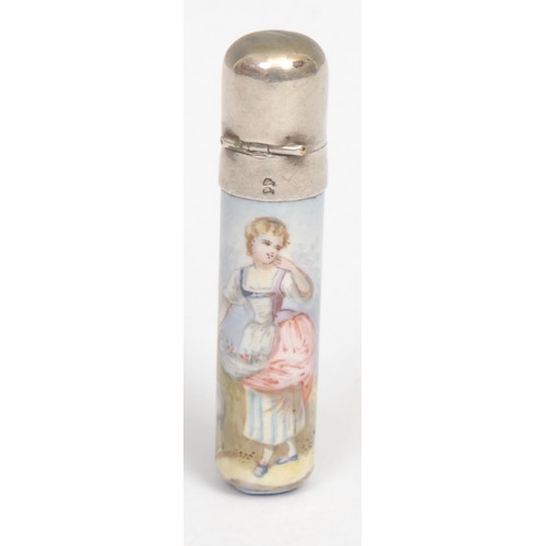 1229 - An Austrian silver and enamel cylindrical scent bottle, painted in polychrome with a young shepherde... 