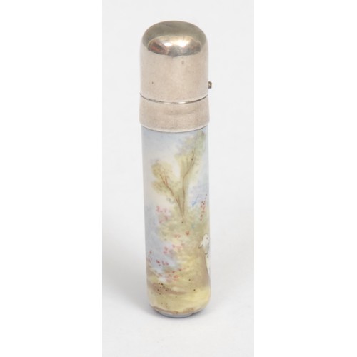 1229 - An Austrian silver and enamel cylindrical scent bottle, painted in polychrome with a young shepherde... 