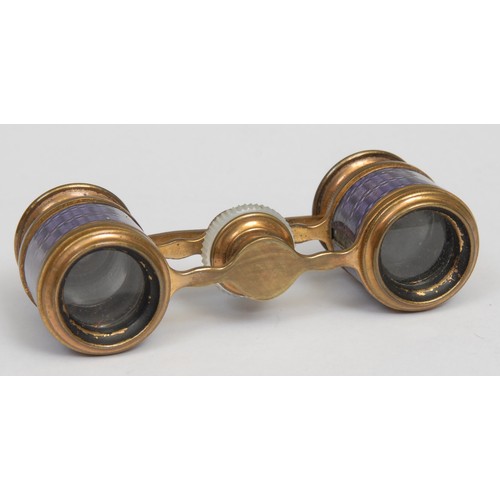 1217 - A pair of early 20th century French gilt brass, mother of pearl and guilloché enamel opera glasses, ... 