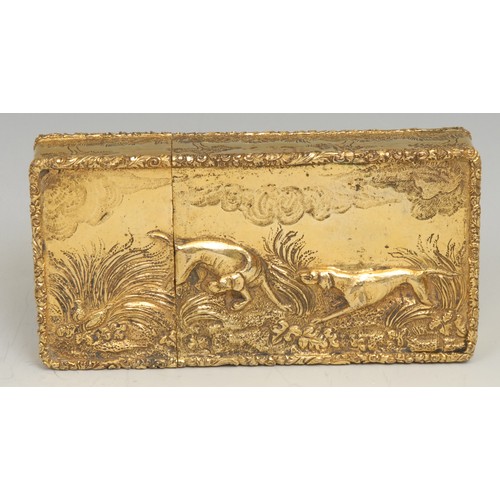 738 - A William IV/early Victorian gilt metal castle top rectangular cigar or cheroot case, in relief with... 