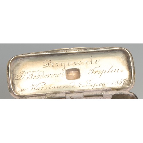 682 - A Russian Empire silver rounded rectangular cigar or cheroot case, bright-cut engraved with a named ... 