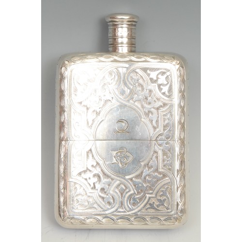 529 - An unusual Victorian E.P.N.S combination hip flask and cigar case, bright-cut engraved in the Gothic... 