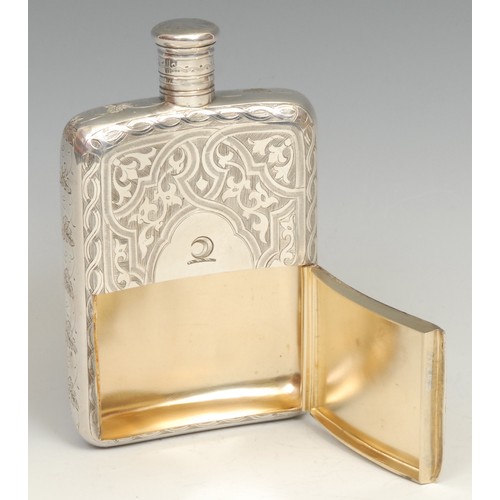 529 - An unusual Victorian E.P.N.S combination hip flask and cigar case, bright-cut engraved in the Gothic... 