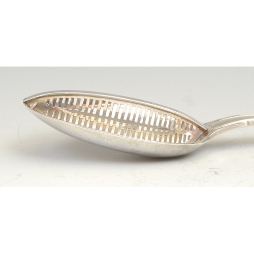 508 - An early Victorian silver Fiddle and Thread pattern straining spoon, 31cm long, George W Adams, Lond... 