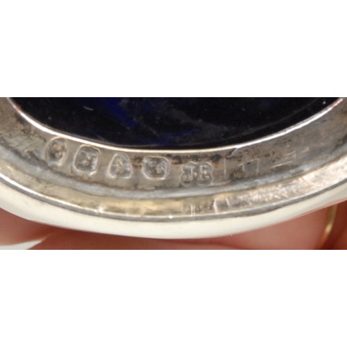 591 - A George III silver oval mustard, hinged domed cover with ball finial, Greek key borders, angular sc... 