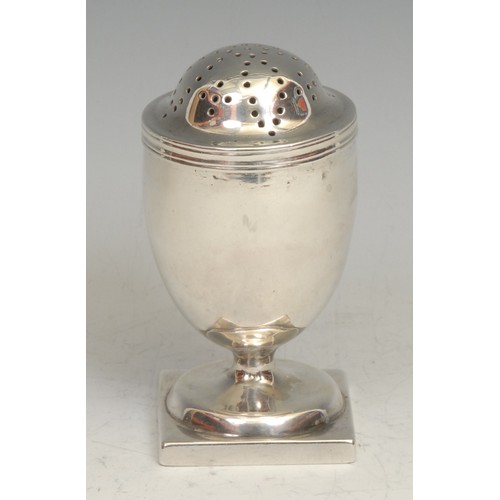 687 - A Scottish Provincial silver ovoid pedestal pepper, domed top, square base, 10cm high, Robert Keay I... 