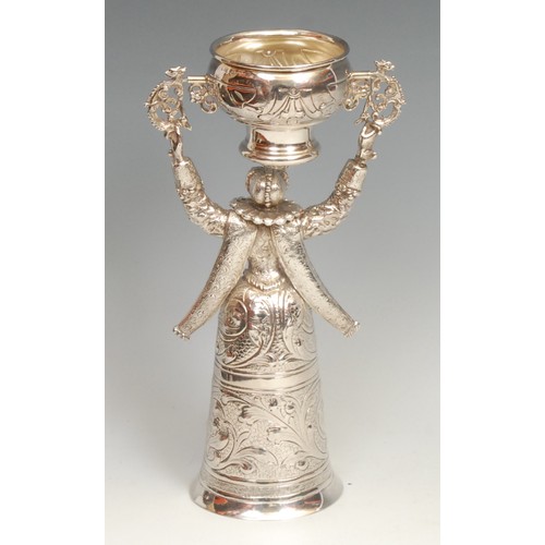 532 - A 19th century Continental silver wager cup, of typical Renaissance figural form, 21cm high, import ... 