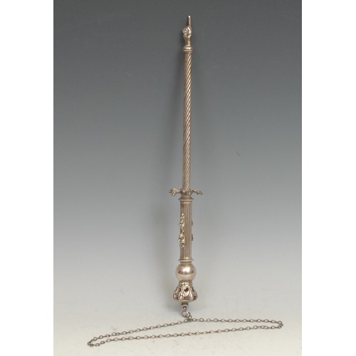 835 - Judaica - a silver Torah yad, crown pommel, spirally fluted shaft, 34cm long, 162g