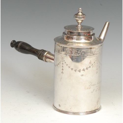 624 - A German Neo-Classical silver cylindrical side-handled coffee pot, knop finial, bright-cut and wrigg... 