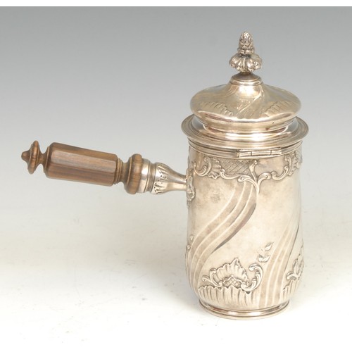 533 - A 19th century French silver side-handled coffee pot, spirally fluted and chased in the Rococo taste... 