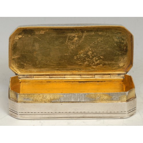 553 - A Continental silver canted rectangular snuff box, hinged cover, bright-cut and wrigglework engraved... 