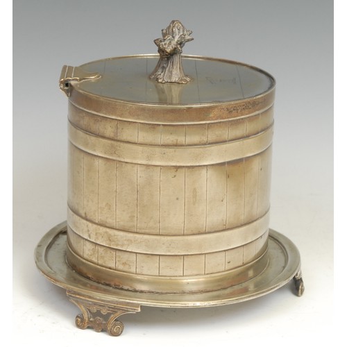 523 - A Victorian E.P.N.S novelty biscuit box, as a coopered barrel, wheatsheaf finial, scroll feet, 19cm ... 