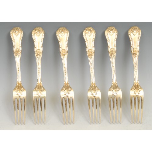 690 - A set of six Victorian silver-gilt forks, 17.5cm long,  French coats of arms, George W Adams, London... 