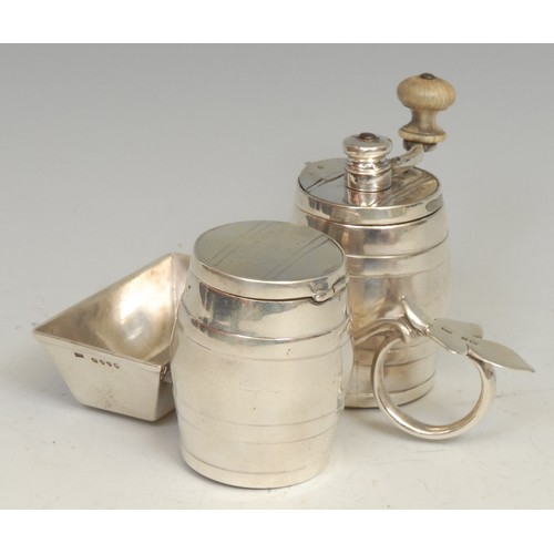 817 - An unusual Victorian silver novelty condiment set, as coopered barrels and a trough, with integral p... 