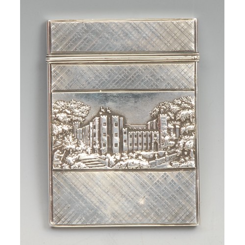 770 - An early Victorian silver rectangular castle top card case, of Scottish Provincial interest, in reli... 