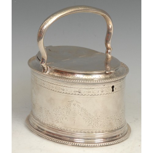 818 - An unusual Victorian silver oval basket-form tea caddy, arched handle above a pair of covers flush-h... 