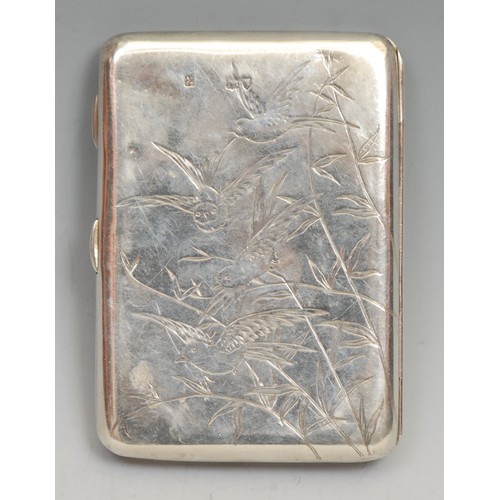 695 - A Victorian Aesthetic Movement silver rounded rectangular card case, hinged cover engraved with an o... 