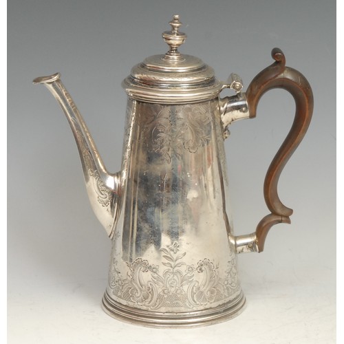 763 - An early George II silver spreading cylindrical coffee pot, hinged cover with knop finial, engraved ... 