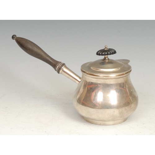 737 - A William IV silver ogee brandy saucepan, domed cover with hinged spout cap, turned fruitwood handle... 