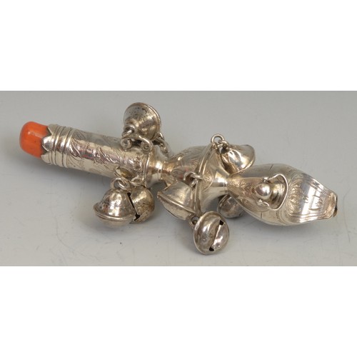 583 - A George III silver baby's rattle, whistle terminal, coral teether, 12.5cm long, c.1780